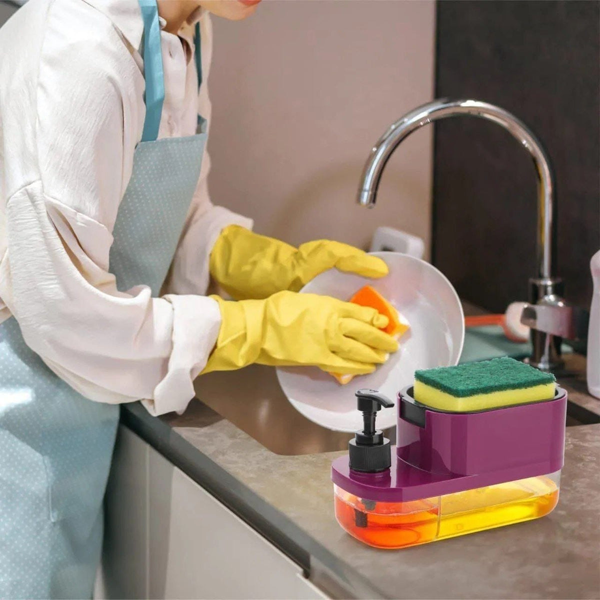 SMERA® 3-in-1 Kitchen Soap Dispenser with Sponge Holder | 600ml Dual Liquid Storage