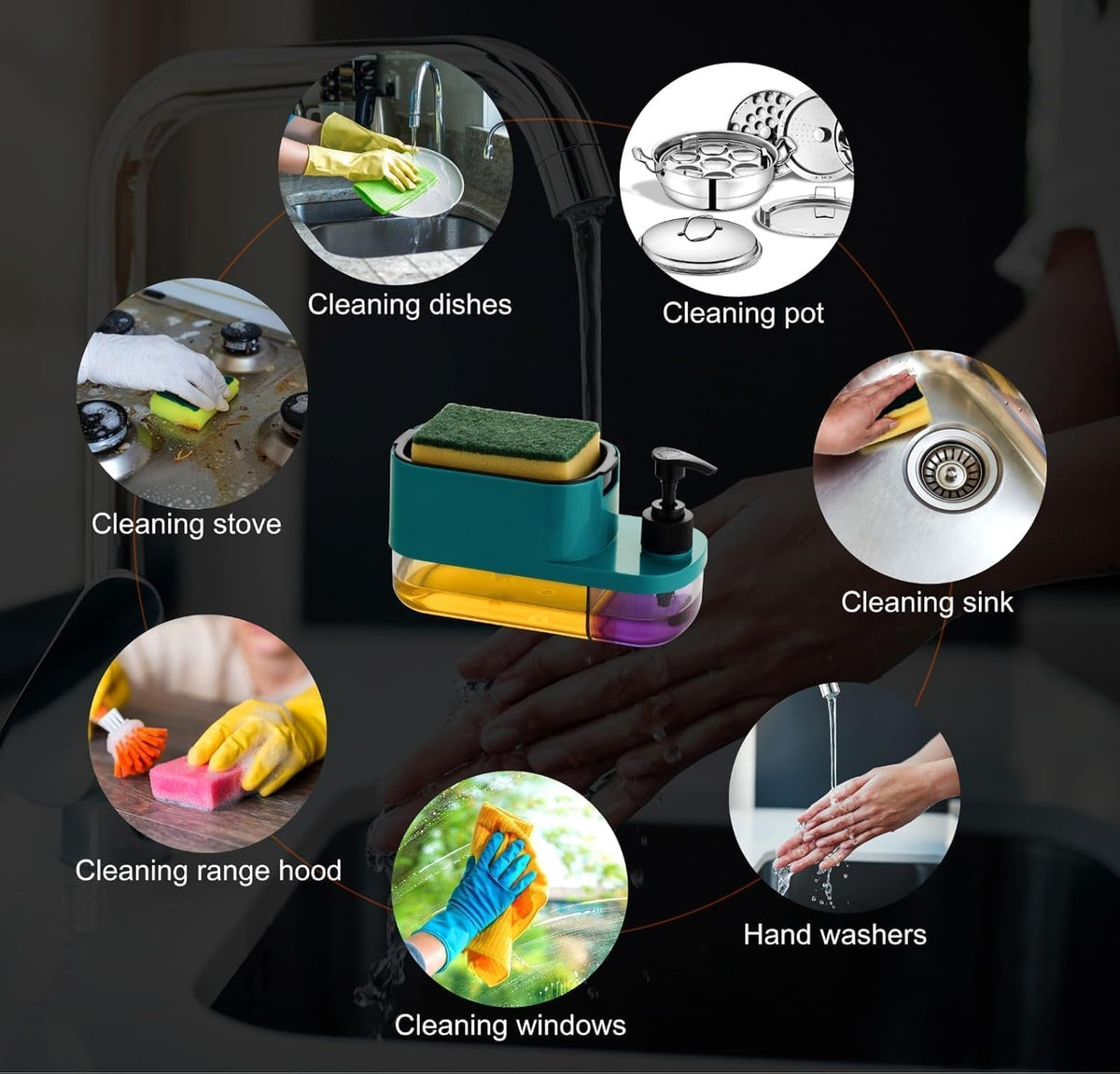 SMERA® 3-in-1 Kitchen Soap Dispenser with Sponge Holder | 600ml Dual Liquid Storage