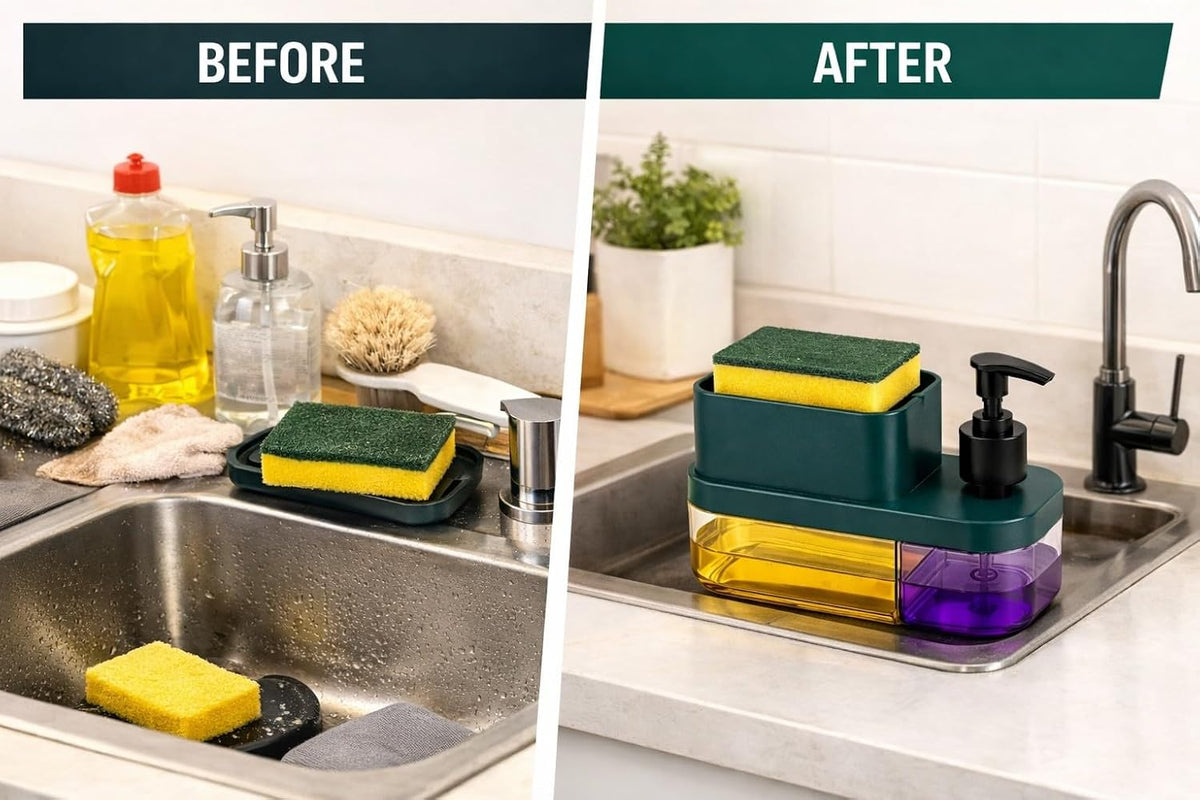 SMERA® 3-in-1 Kitchen Soap Dispenser with Sponge Holder | 600ml Dual Liquid Storage