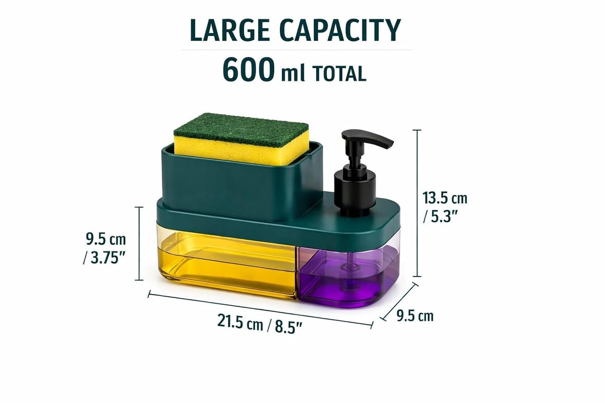SMERA® 3-in-1 Kitchen Soap Dispenser with Sponge Holder | 600ml Dual Liquid Storage