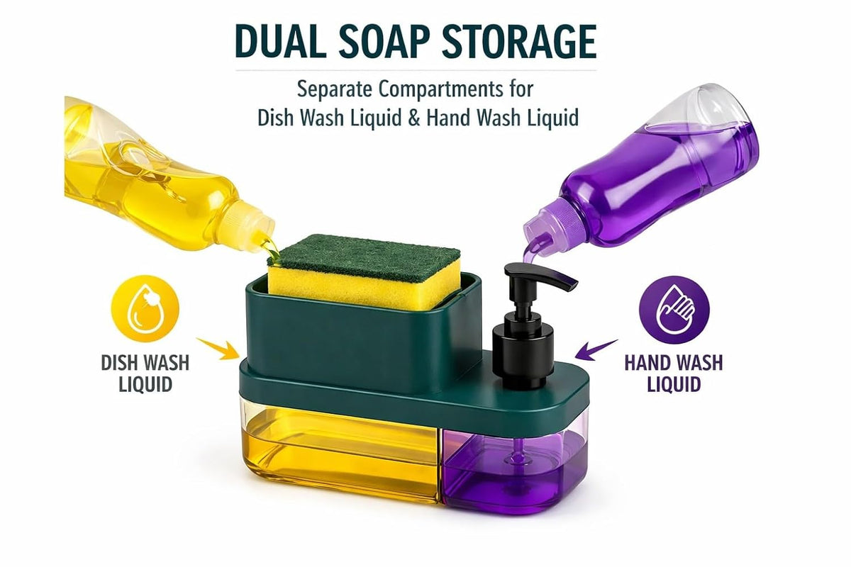 SMERA® 3-in-1 Kitchen Soap Dispenser with Sponge Holder | 600ml Dual Liquid Storage